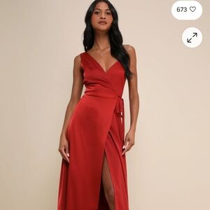 Lulus Rust Red Satin Wrap Dress